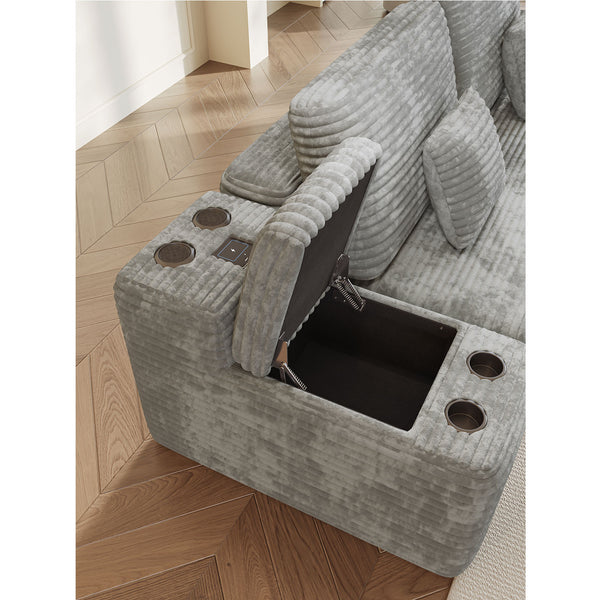 English Elm 150''Width 5-piece Sectional Sofa with Console, Convertible U-Shape, Wireless Charging & Bluetooth Speaker LIGHT GREY W579S00054