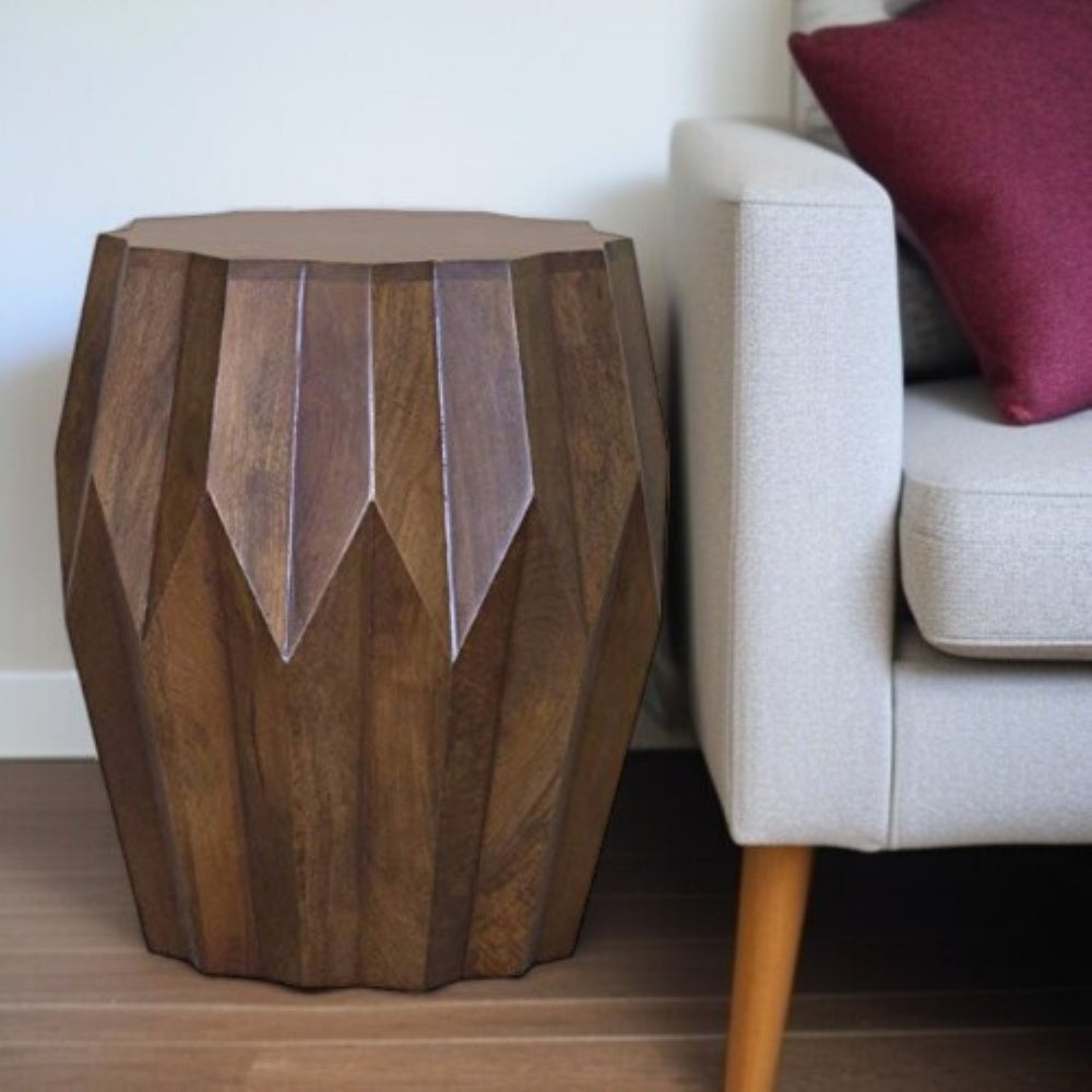 HomeRoots 23" Dark Brown Solid Wood Drum End Table - Stylish Accent for Living Room, Bedroom & Small Spaces 373962
