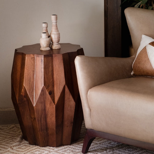 HomeRoots 23" Dark Brown Solid Wood Drum End Table - Stylish Accent for Living Room, Bedroom & Small Spaces 373962