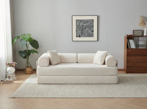 English Elm 78.8" Corduroy Modular Floor Sofa Convertible Sleeper Futon with Pillow Back Support Off White W5617P456003