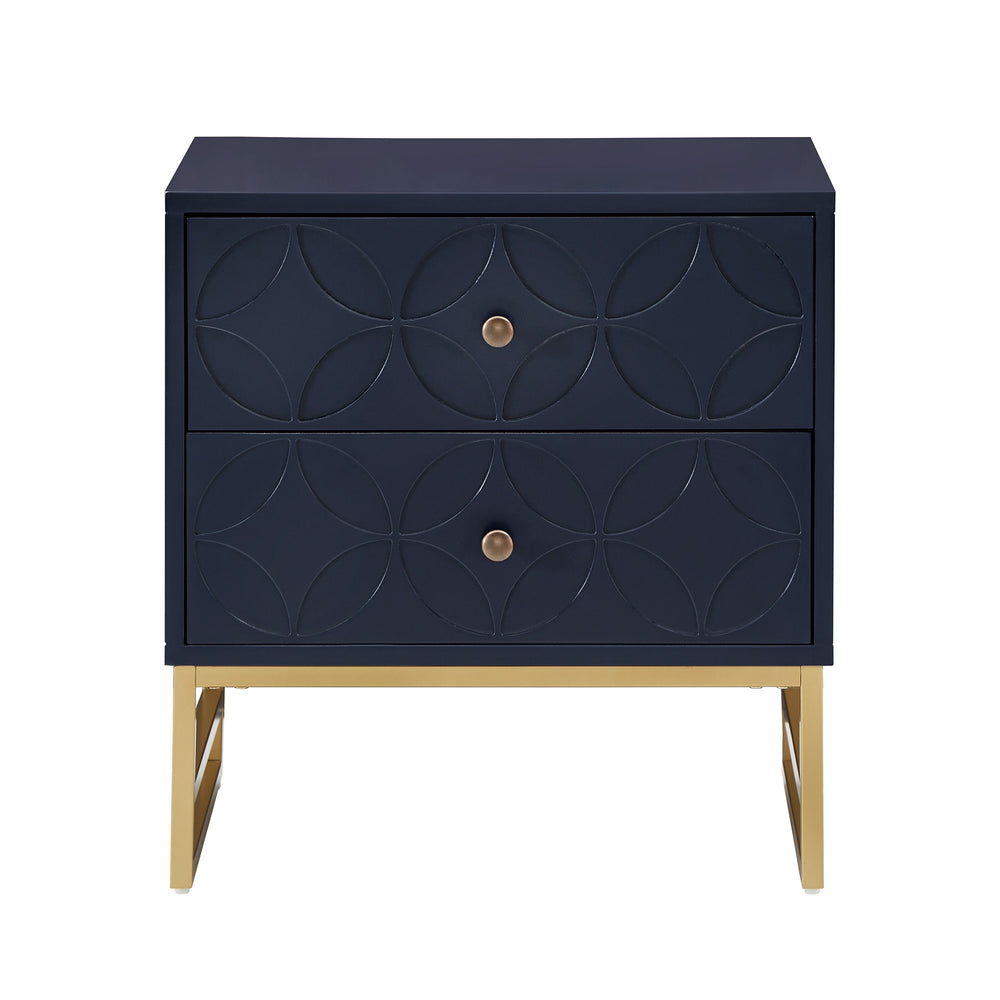 Homelegance Shiloh 2 Drawer Glam Nightstand with Diamond Front and Gold Metal Base for Bedroom Blue 373BU-4