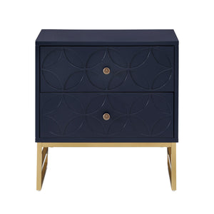 Homelegance Shiloh 2 Drawer Glam Nightstand with Diamond Front and Gold Metal Base for Bedroom Blue 373BU-4