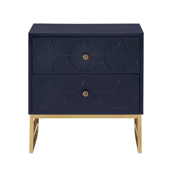 Homelegance Shiloh 2 Drawer Glam Nightstand with Diamond Front and Gold Metal Base for Bedroom Blue 373BU-4