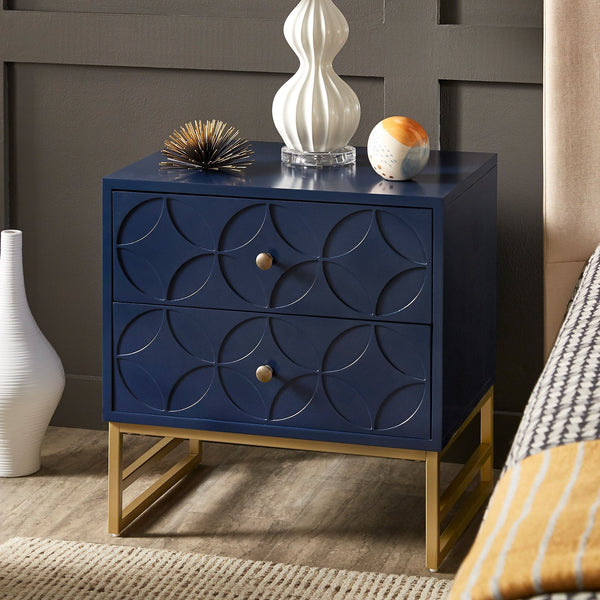 Shiloh 2 Drawer Glam Nightstand with Diamond Front and Gold Metal Base for Bedroom