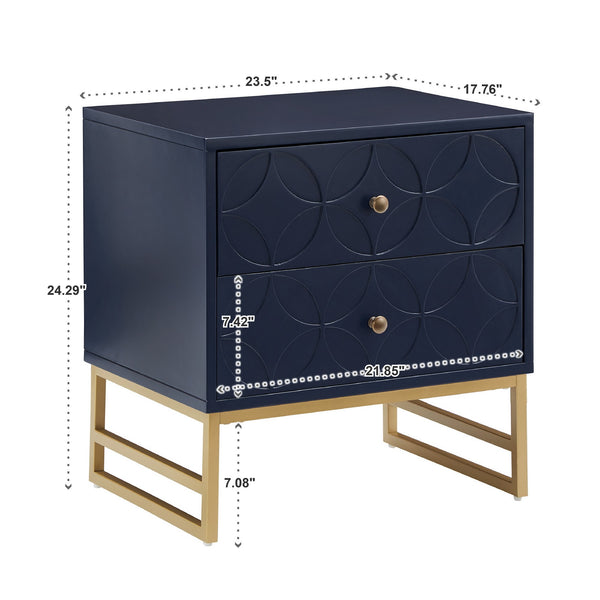 Shiloh 2 Drawer Glam Nightstand with Diamond Front and Gold Metal Base for Bedroom