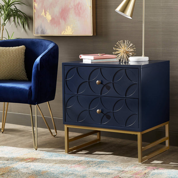 Shiloh 2 Drawer Glam Nightstand with Diamond Front and Gold Metal Base for Bedroom