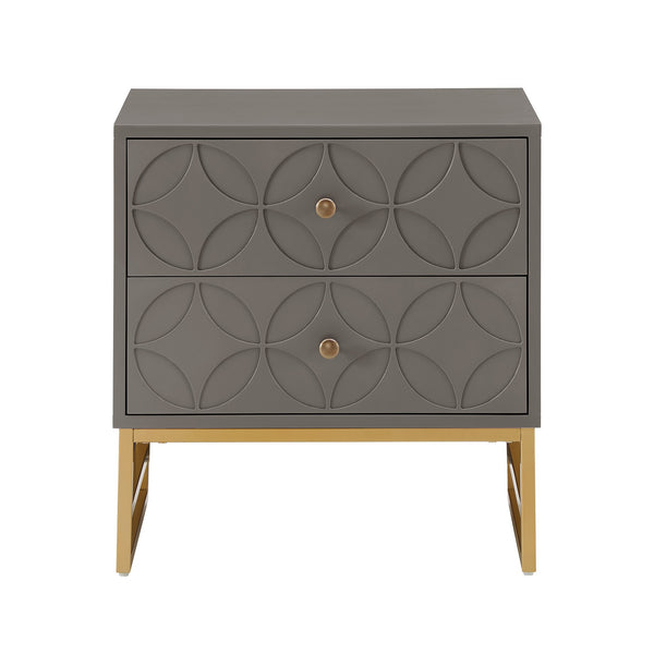 Shiloh 2 Drawer Glam Nightstand with Diamond Front and Gold Metal Base for Bedroom
