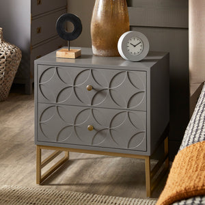 Shiloh 2 Drawer Glam Nightstand with Diamond Front and Gold Metal Base for Bedroom