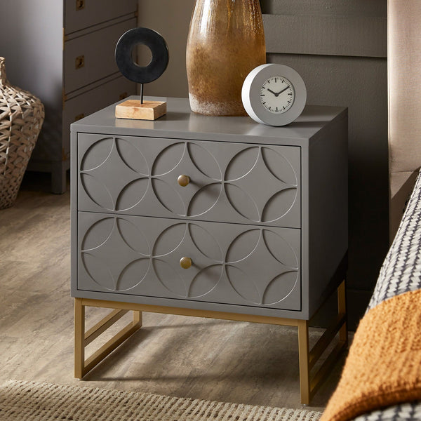 Shiloh 2 Drawer Glam Nightstand with Diamond Front and Gold Metal Base for Bedroom