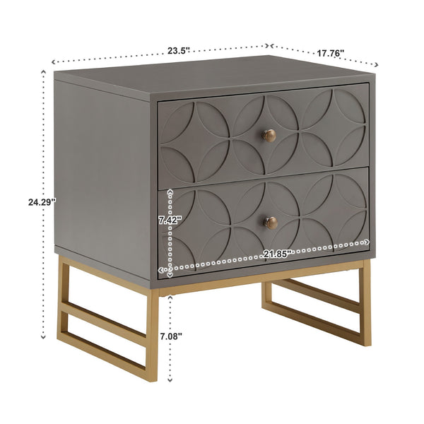 Shiloh 2 Drawer Glam Nightstand with Diamond Front and Gold Metal Base for Bedroom