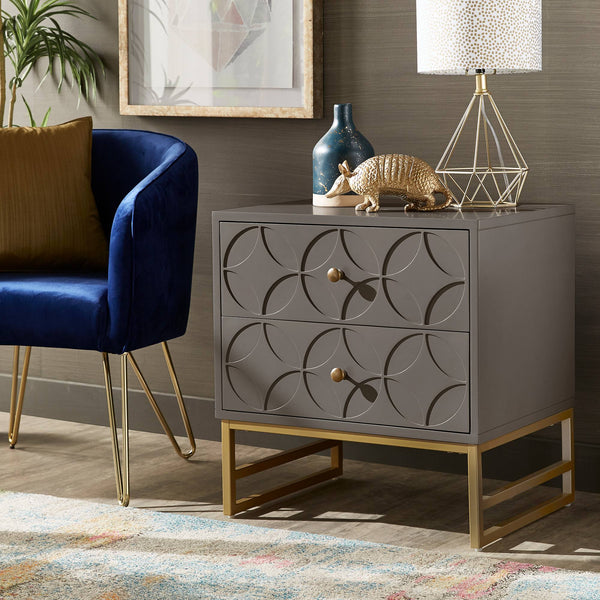 Shiloh 2 Drawer Glam Nightstand with Diamond Front and Gold Metal Base for Bedroom