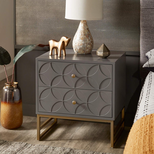Shiloh 2 Drawer Glam Nightstand with Diamond Front and Gold Metal Base for Bedroom