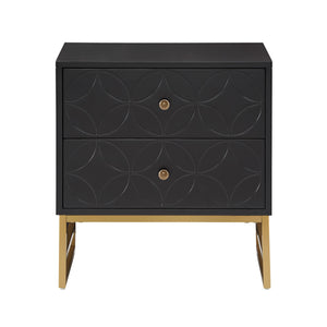 Shiloh 2 Drawer Glam Nightstand with Diamond Front and Gold Metal Base for Bedroom
