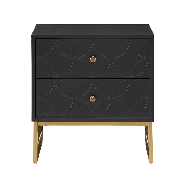 Shiloh 2 Drawer Glam Nightstand with Diamond Front and Gold Metal Base for Bedroom