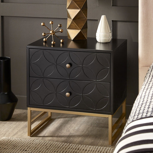 Shiloh 2 Drawer Glam Nightstand with Diamond Front and Gold Metal Base for Bedroom