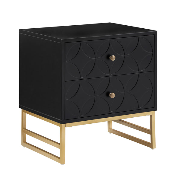 Shiloh 2 Drawer Glam Nightstand with Diamond Front and Gold Metal Base for Bedroom