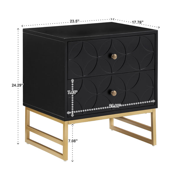 Shiloh 2 Drawer Glam Nightstand with Diamond Front and Gold Metal Base for Bedroom