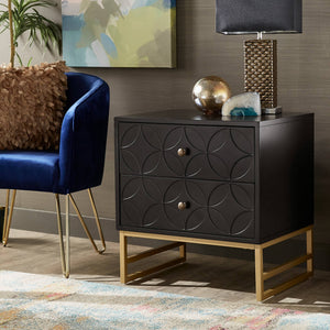 Shiloh 2 Drawer Glam Nightstand with Diamond Front and Gold Metal Base for Bedroom