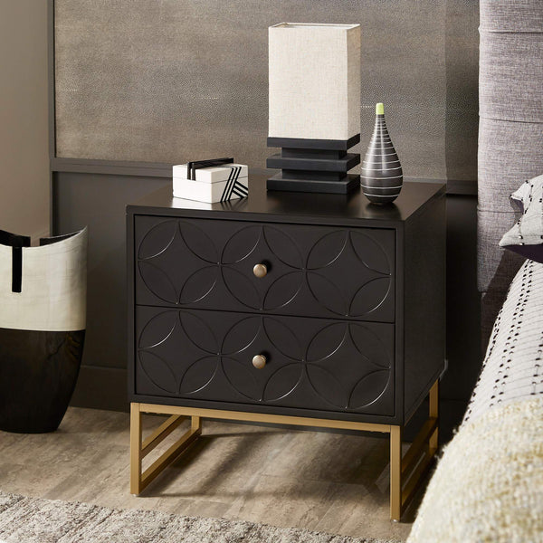 Shiloh 2 Drawer Glam Nightstand with Diamond Front and Gold Metal Base for Bedroom