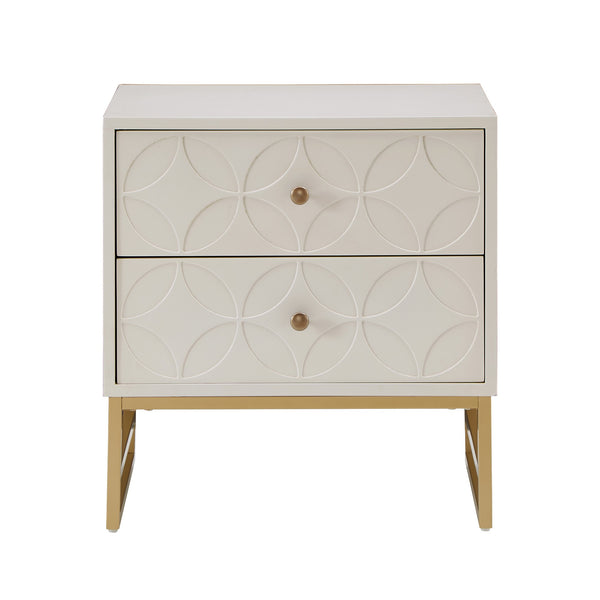 Shiloh 2 Drawer Glam Nightstand with Diamond Front and Gold Metal Base for Bedroom