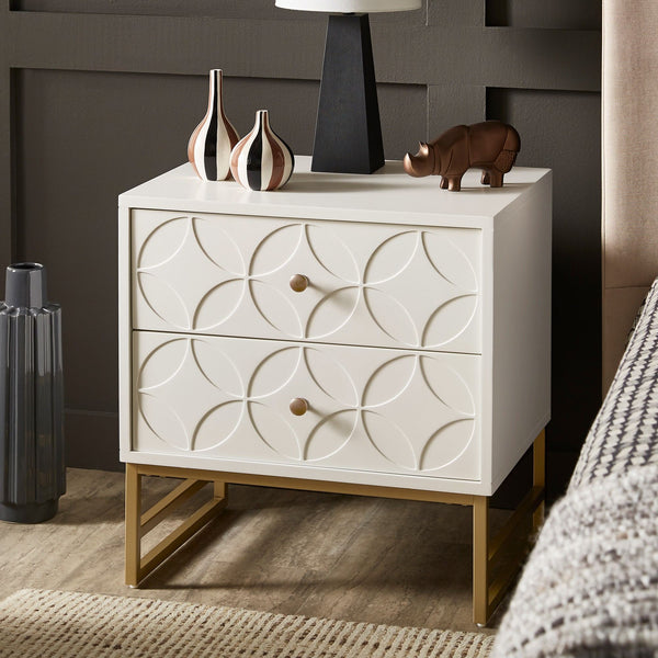 Shiloh 2 Drawer Glam Nightstand with Diamond Front and Gold Metal Base for Bedroom
