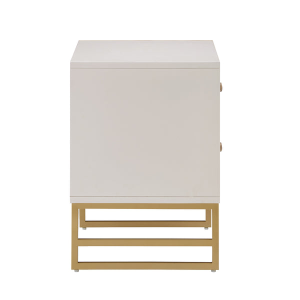 Shiloh 2 Drawer Glam Nightstand with Diamond Front and Gold Metal Base for Bedroom