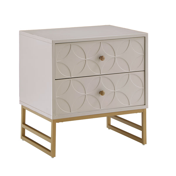 Shiloh 2 Drawer Glam Nightstand with Diamond Front and Gold Metal Base for Bedroom