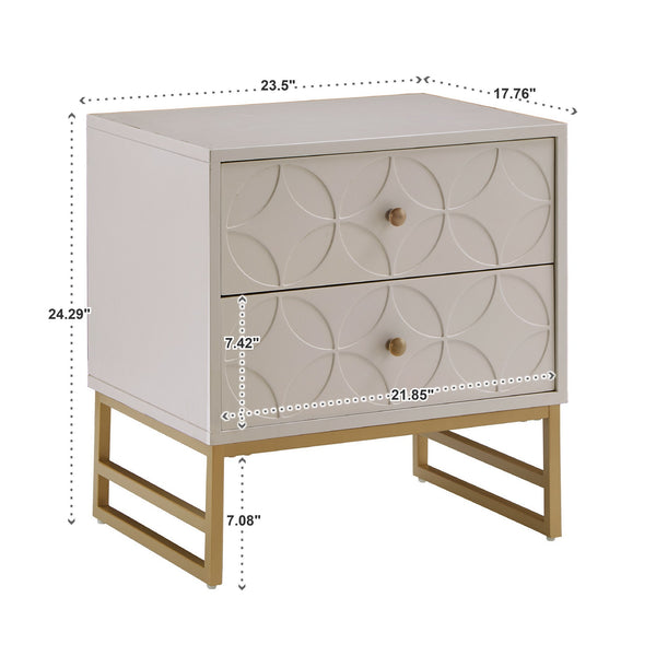 Shiloh 2 Drawer Glam Nightstand with Diamond Front and Gold Metal Base for Bedroom