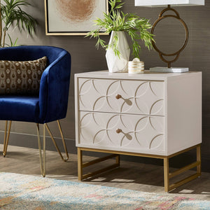 Shiloh 2 Drawer Glam Nightstand with Diamond Front and Gold Metal Base for Bedroom