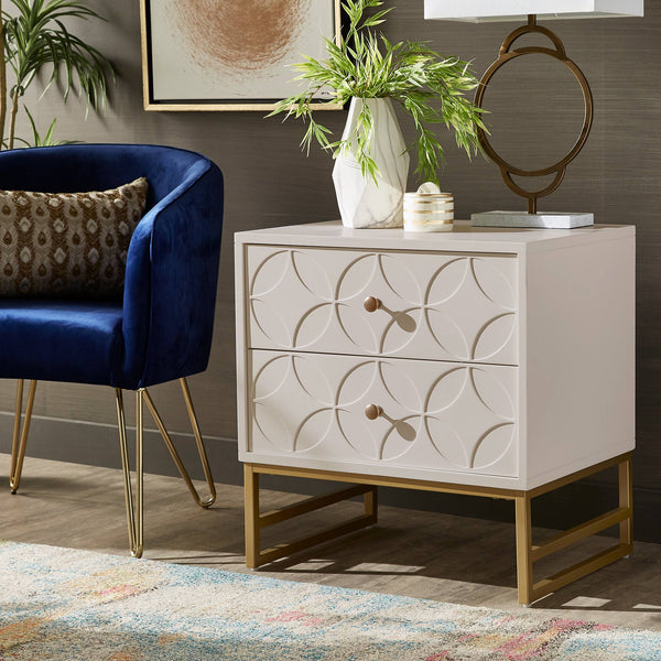 Shiloh 2 Drawer Glam Nightstand with Diamond Front and Gold Metal Base for Bedroom