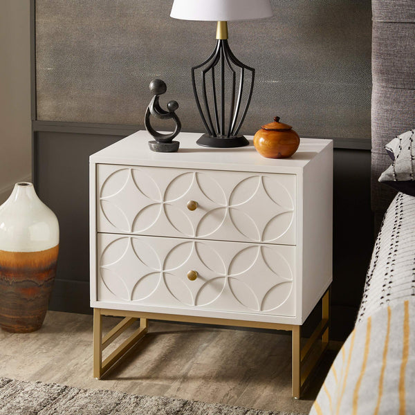 Shiloh 2 Drawer Glam Nightstand with Diamond Front and Gold Metal Base for Bedroom