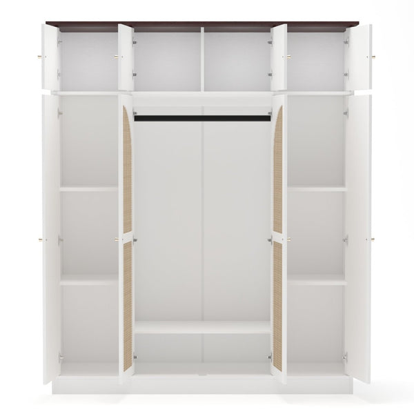 English Elm 70.87"tall Rattan Door Armoire Freestanding Wardrobe with Adjustable Shelves Hanging Rod White W757S00055