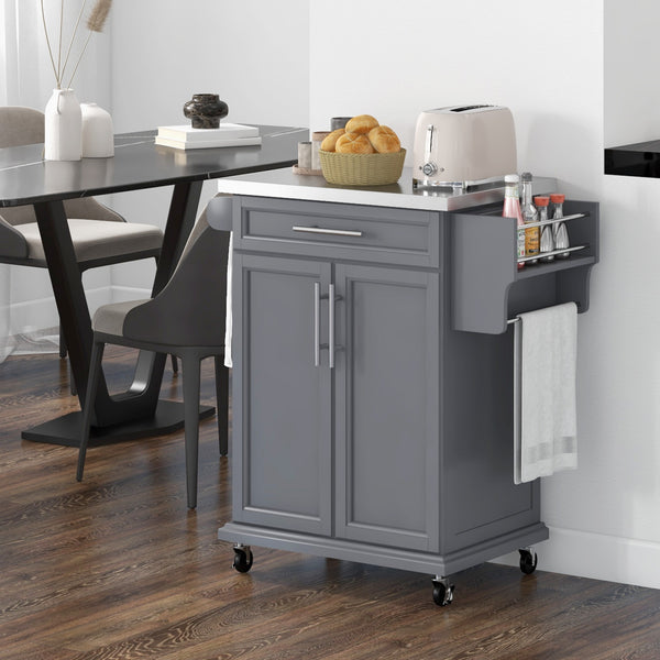 English Elm Homcom Rolling Kitchen Island Cart With Stainless Steel Top, Drawer, Spice Rack & Towel Holder, Gray W2225P200726