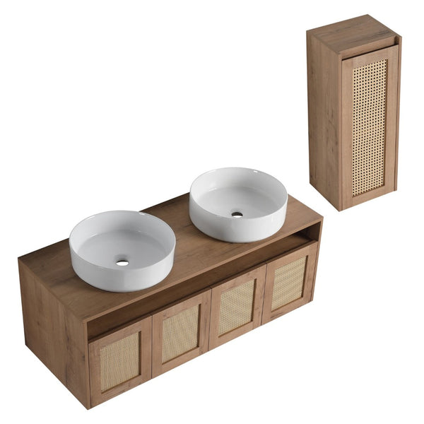 English Elm 48" Floating Bathroom Vanity Oak Finish Dual Ceramic Sinks Four Soft Close Doors W999S00498