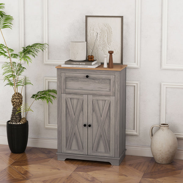 English Elm HOMCOM Rustic Farmhouse Sideboard Buffet Cabinet with Barn Doors, Drawer & Adjustable Shelves for Entryway Gray W2225P229127