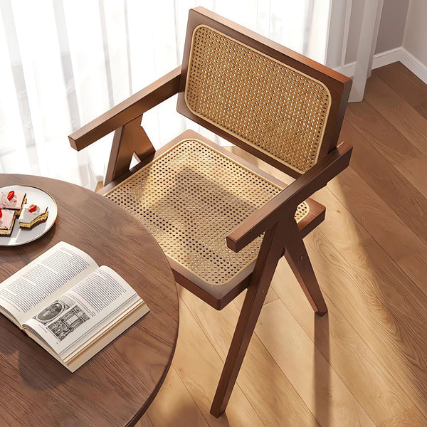 English Elm Modern Mid Century Rattan Dining Chairs Set of 2 - Walnut Rubberwood Armchairs, Cozy Durable Seating W3101P314635