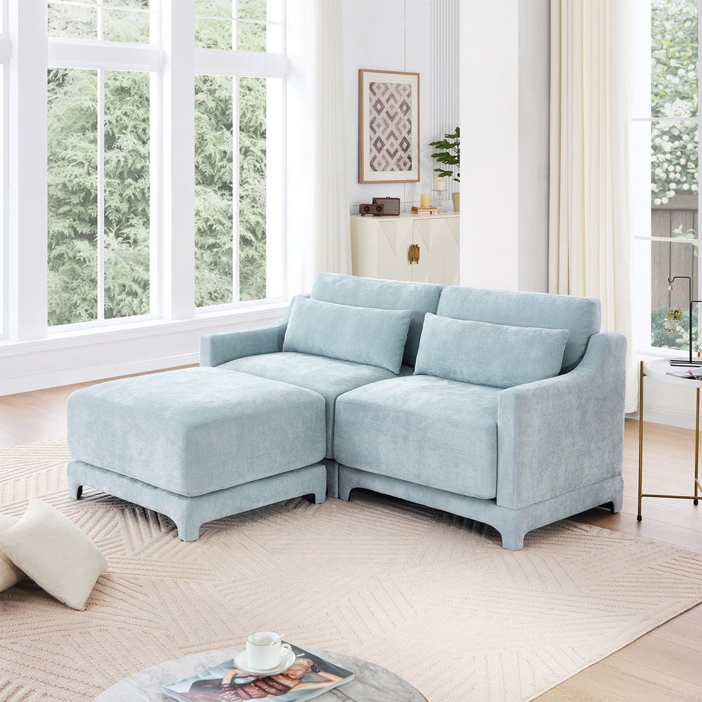 English Elm Two-Seater Sofa Set In Sky Blue Chenille With Ottoman & Lumbar Pillows - Elegant, Ergonomic Comfort W714S01204-GIGA