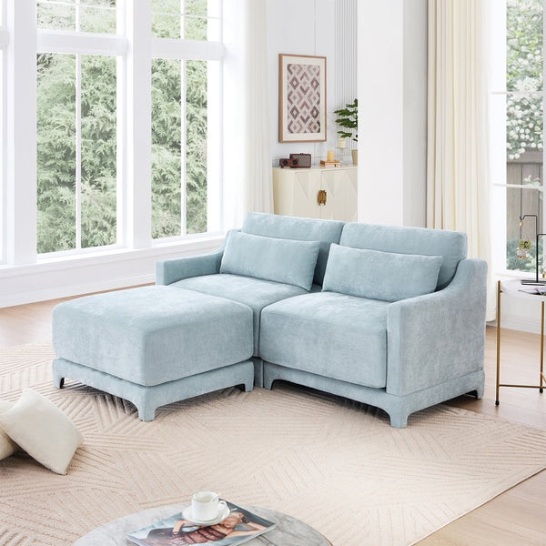English Elm Two-Seater Sofa Set In Sky Blue Chenille With Ottoman & Lumbar Pillows - Elegant, Ergonomic Comfort W714S01204-GIGA