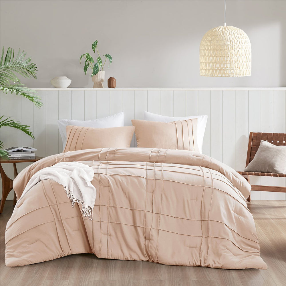 JLA Home Comfort Spaces - Soft Washed Pleated Comforter Set with Pinch-Pleat Grid, Pre-Washed Microfiber, Year-Round Cozy Luxury Blush AM10-0138