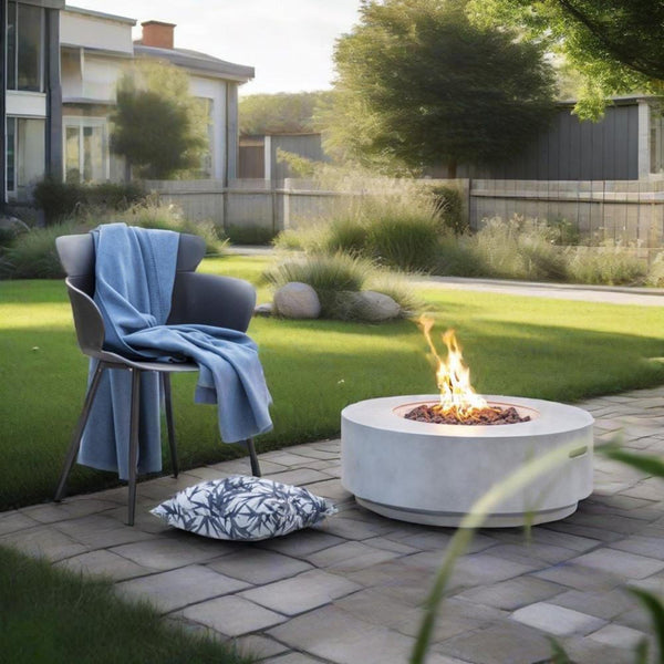 English Elm 30" 30" Propane Gas Fire Pit Table 50,000 BTU Round Concrete MgO Patio Heater with Rocks and Cover W853P272284