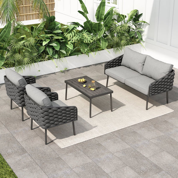 English Elm Christopher Knight Home® - 4-Pieces Outdoor Metal Patio Furniture Set with Deep-Seat Cushions, Teslin Rope, Wood-Look Tabletop, Rust-Resistant Frame Grey N780P2540701G
