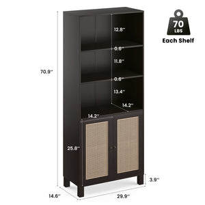 English Elm Tall Rattan Door Bookcase with 5 Shelves — Stylish Tall Storage Shelf for Living Room Office LibraryBedroom Walnut T3623P379905