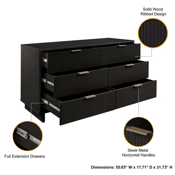 English Elm Granville 55" Black Dresser - Sleek Solid Wood Design With 6 Full-Extension Drawers & Gold Accents B365S00087