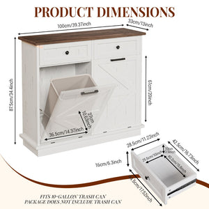 English Elm Double Tilt Out Trash Bin Cabinet with Drawers Odor Blocking Kitchen Laundry Storage Brown+Distressed White T5831P489225