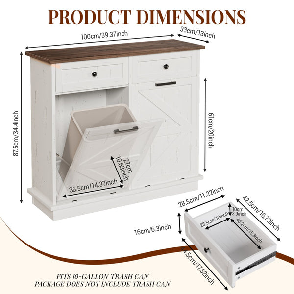 English Elm Double Tilt Out Trash Bin Cabinet with Drawers Odor Blocking Kitchen Laundry Storage Brown+Distressed White T5831P489225