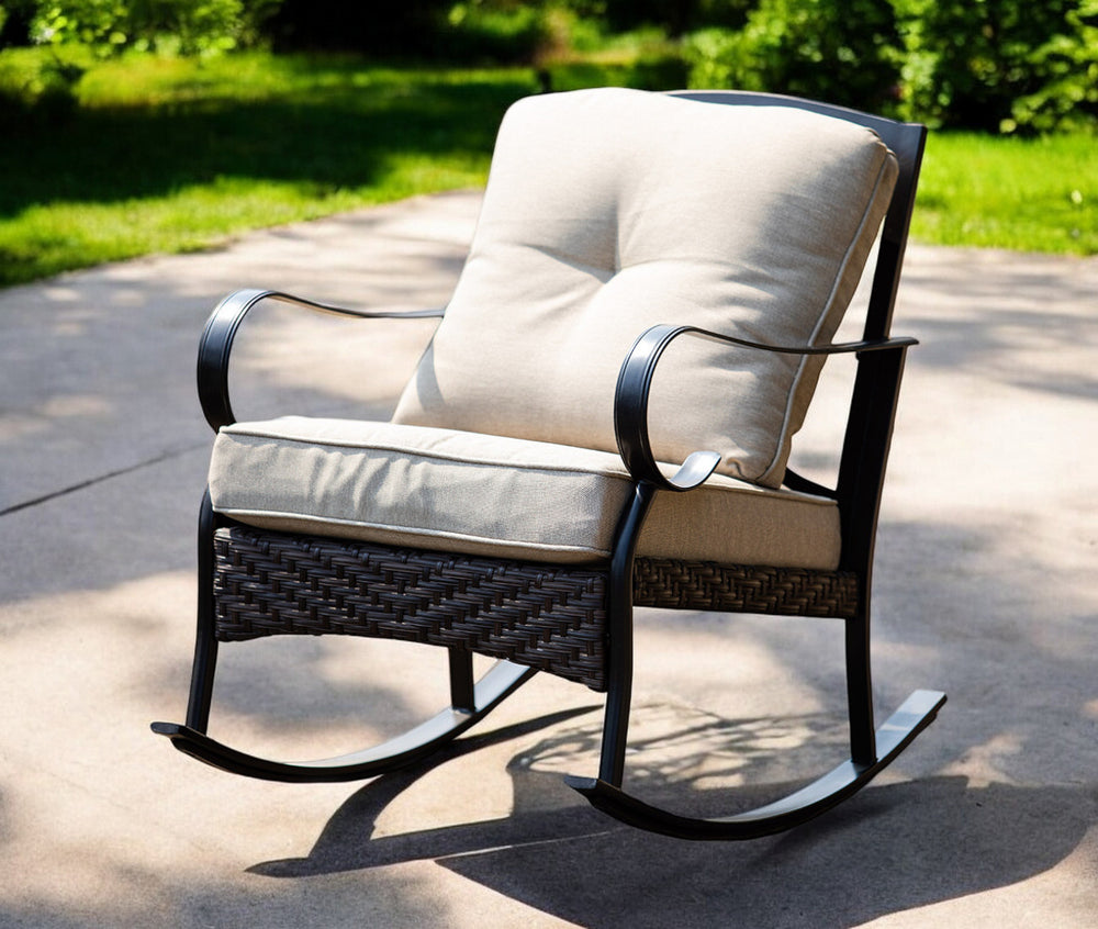 Homeroots 25" Black Steel Patio Rocking Chair With Beige Cushion   374051