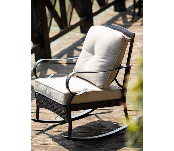 Homeroots 25" Black Steel Patio Rocking Chair With Beige Cushion   374051