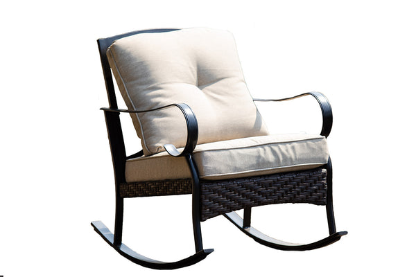 Homeroots 25" Black Steel Patio Rocking Chair With Beige Cushion   374051