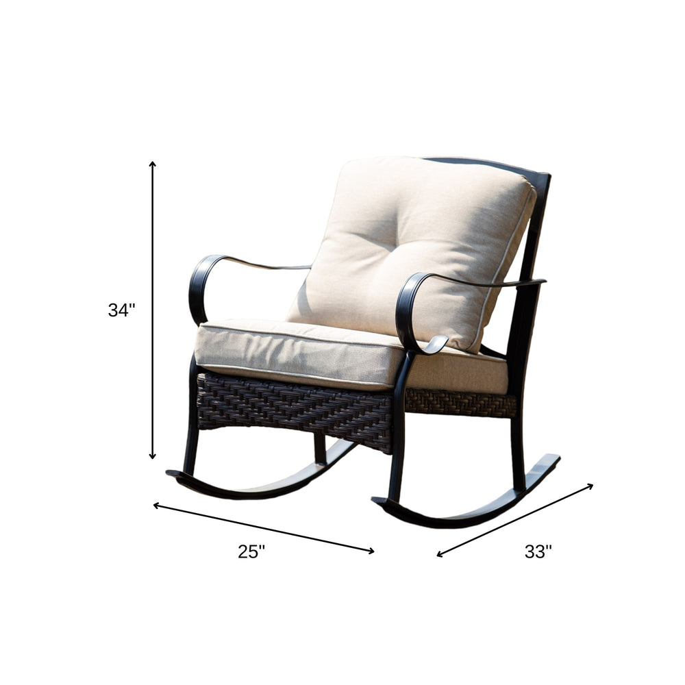 Homeroots 25" Black Steel Patio Rocking Chair With Beige Cushion   374051