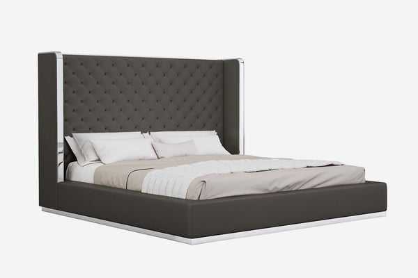 Homeroots King Tufted Dark Gray And Gray Upholstered Faux Leather Bed Dark Gray Faux Leather 374143